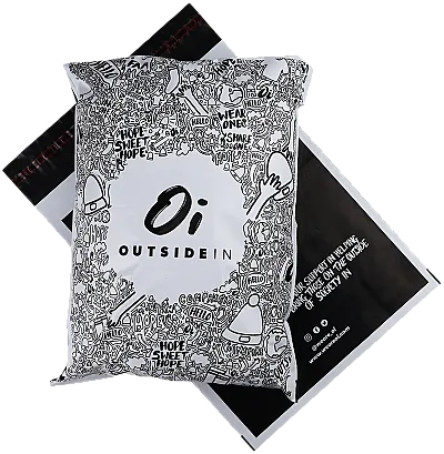 Bland and white detailed polythene mailing bag