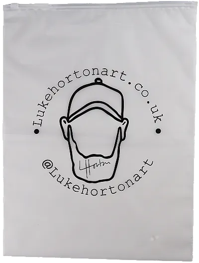 Flat frosted zip lock bag with black print