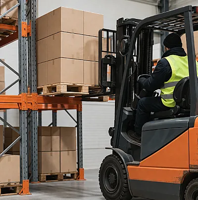 Forklift driver at warehouse with mailing bag stock